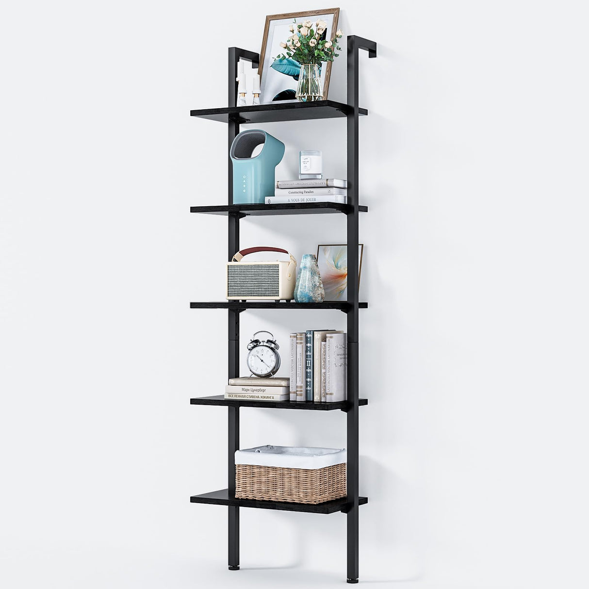 ODK 5-Tier Ladder Bookcase, Industrial Storage Shelf with Metal Frame for Living Room, Home Office, Kitchen & Bedroom, Space Saving Freestanding Organizer Rack, Black (8" D x 16" W x 74" H) ODK