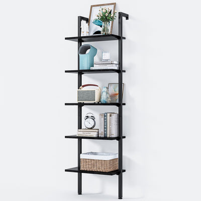 ODK 5-Tier Ladder Bookcase, Industrial Storage Shelf with Metal Frame for Living Room, Home Office, Kitchen & Bedroom, Space Saving Freestanding Organizer Rack, Black (8" D x 16" W x 74" H)