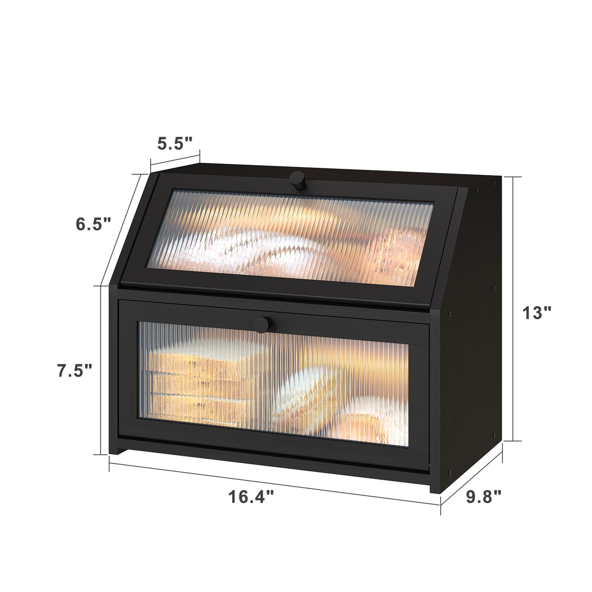 Vriccc Black Bread Box for Kitchen Counter, Large Bamboo Wood Double Layer Bread Box, Wooden Bread Storage Capacity Vriccc