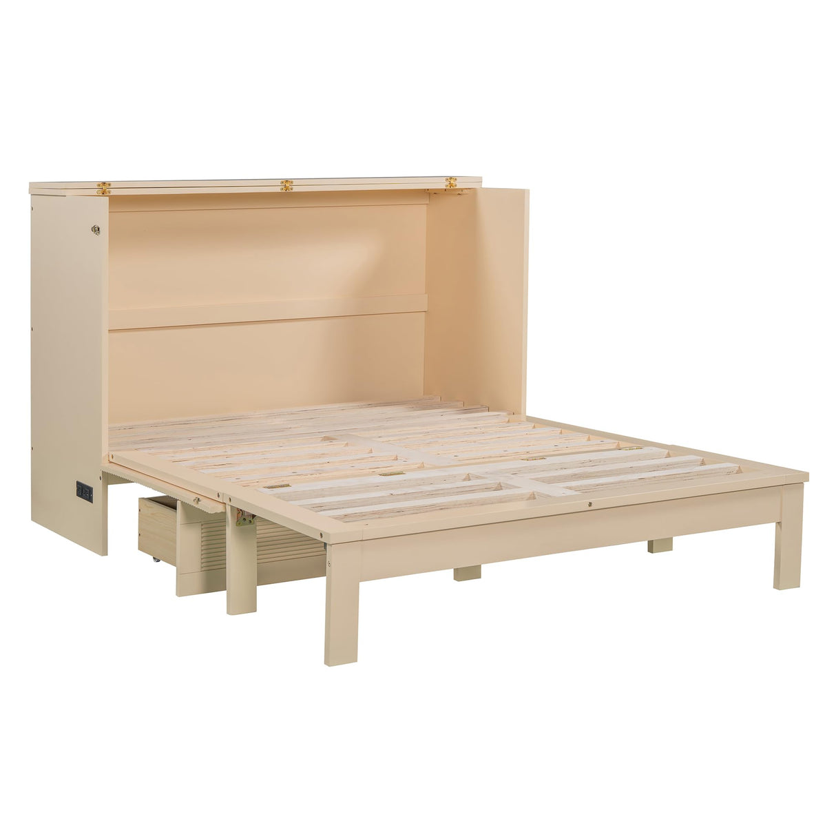 Ball & Cast Murphy Bed Full Size with Drawer and A Set of Sockets,Bedroom Folding Wall Cabinets Frame w/USB Ports & Pulley Structure Design,Hideaway Bed for Guest Room,Study,Office,Golden Ball & Cast