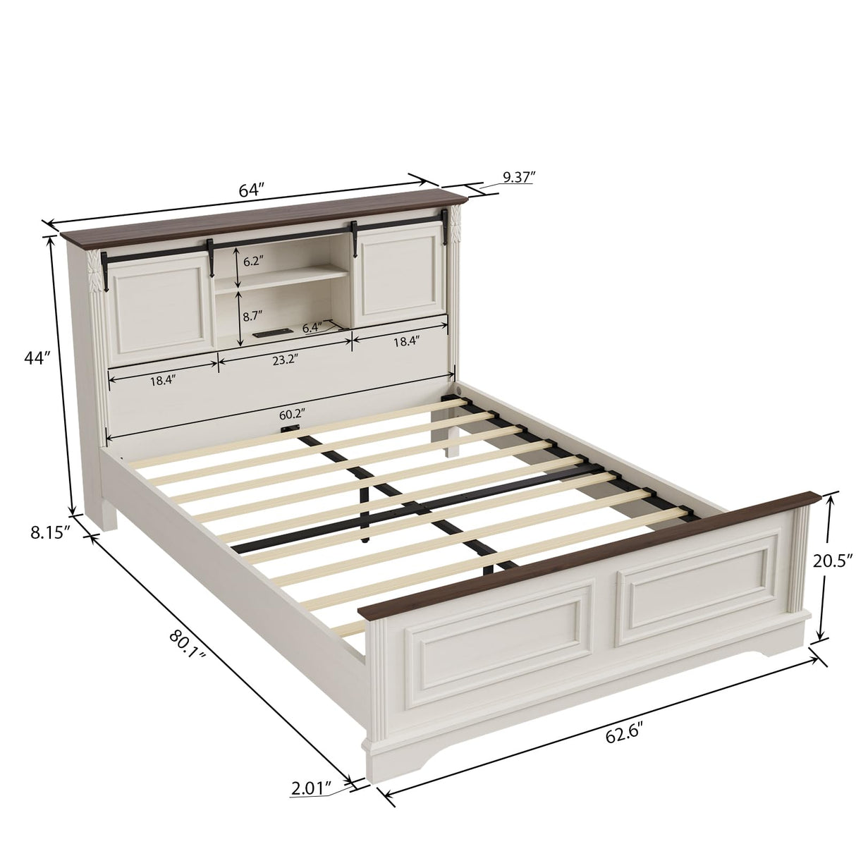 BLANKSPACE Antique White Queen Size Bed Frame with Storage Headboard, Charging Station, Bracket Footboard, Farmhouse Bed Frame with Bookcase and Sliding Barn Doors, Noiseless,No Box Spring Needed BLANKSPACE
