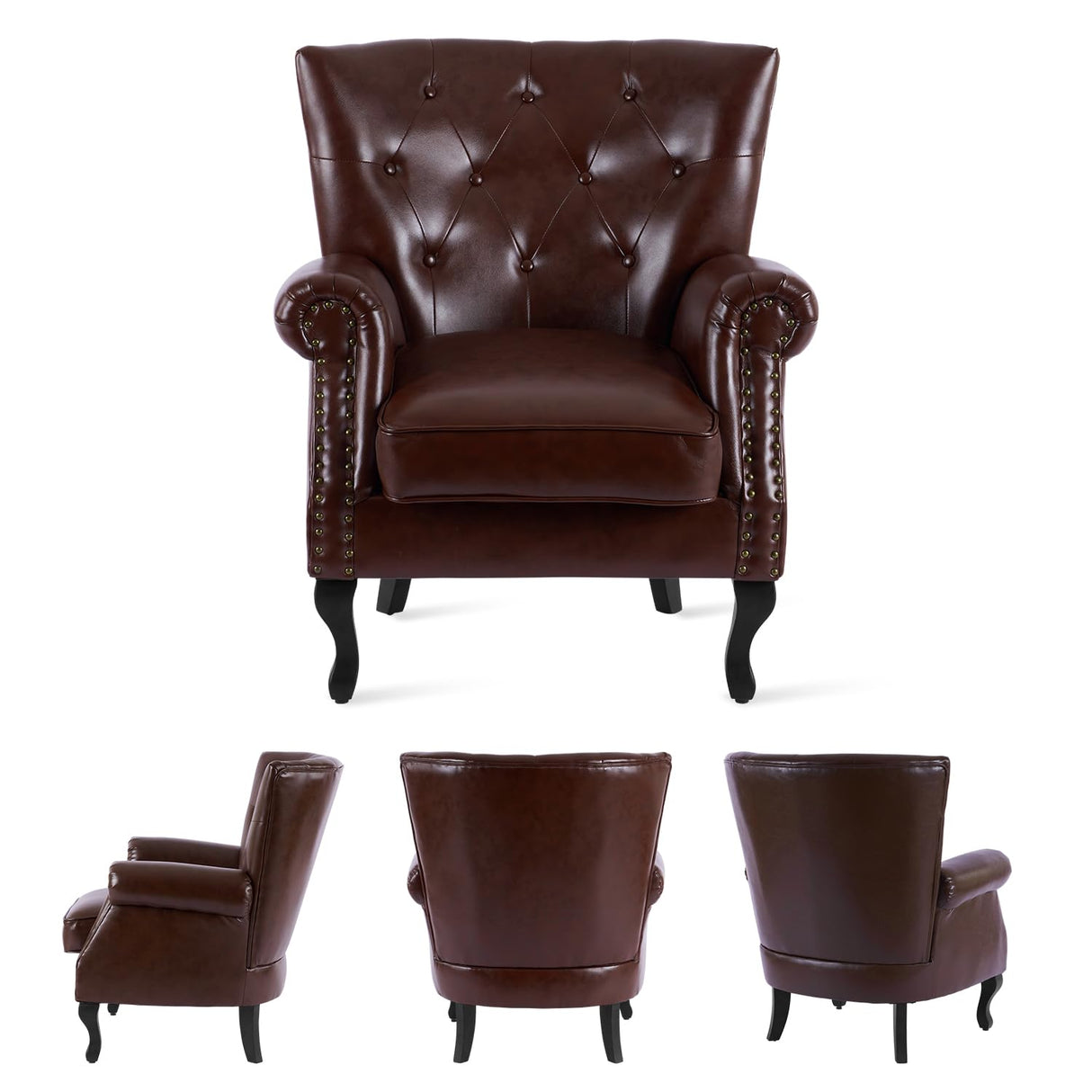 MOJAY PU Leather Accent Chair Set of 2, Mid-Century Modern Armchair Living Room Club Chair with Tufted Button & Rivet Trim, Upholstered Sofa Chair with Sturdy Wood Legs for Bedroom (Reddish Brown) MOJAY
