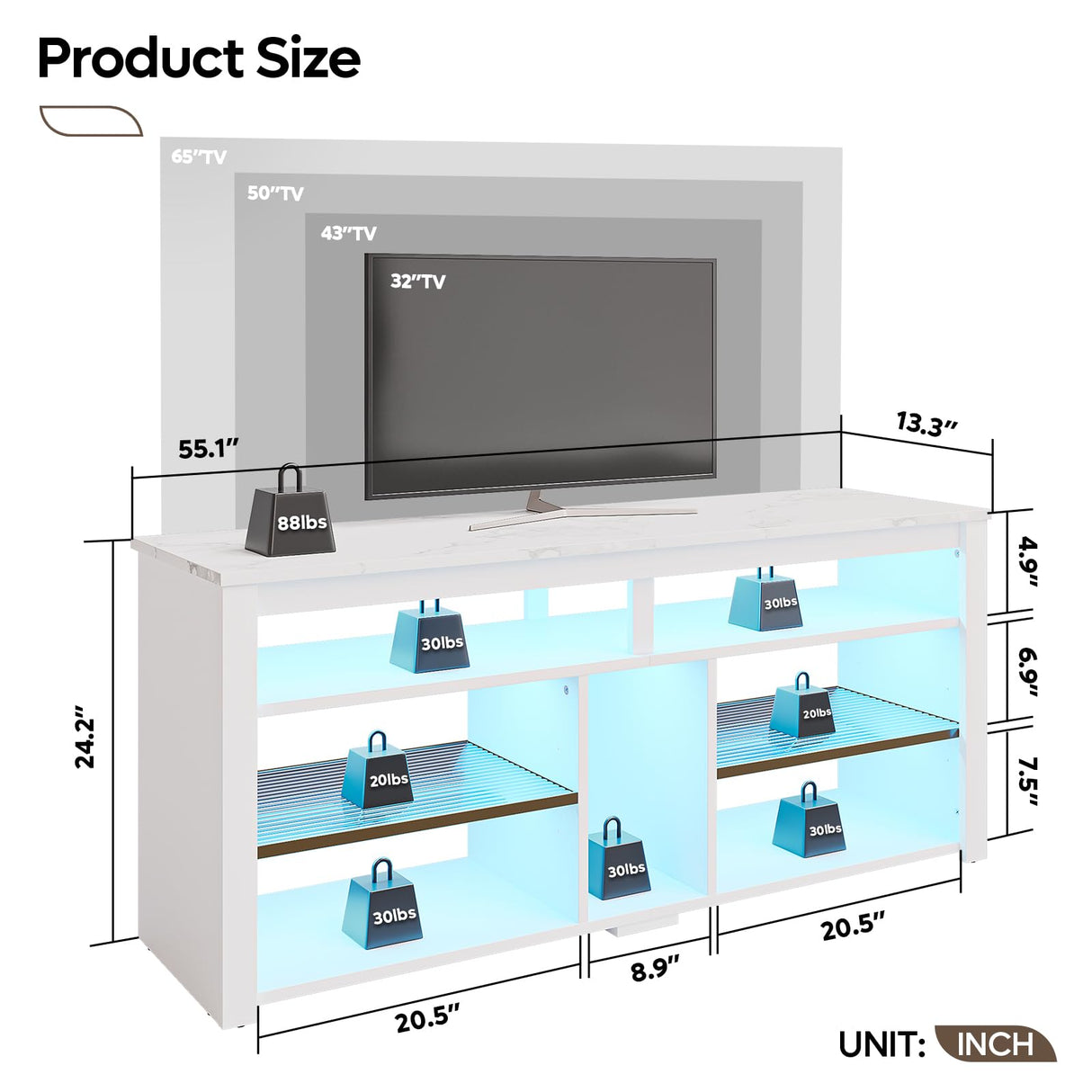 Bestier LED Tall Entertainment Center, 55 inch TV Stand for 55/60/65 inch TV, TV Console with Storage for PS5, Media TV Cabinet with Adjustable Shelf for Living Room, White Marble Bestier