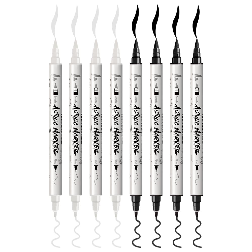 TRANSON 4 Black and 4 White Paint Pens Brush and Fine Dual-tip Acrylic Paint Marker Set for Rock Painting Glass Canvas Wood Leather Ceramic Painting TRANSON