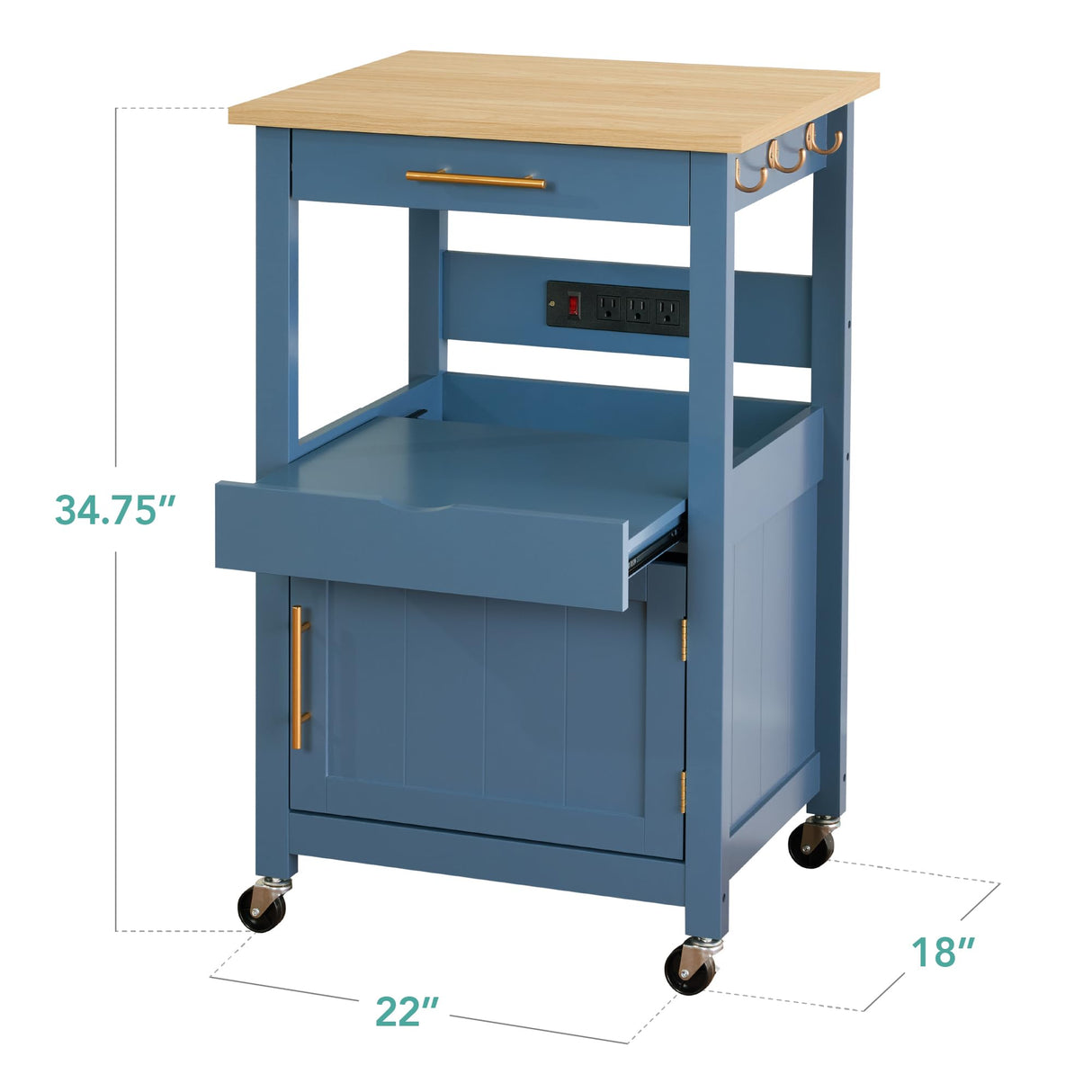 Best Choice Products Rolling Kitchen Island Cart, Single Door Cabinet w/Drawer, Sliding Tray, Hidden Outlet, Hooks, & Lockable Wheels - Slate Blue Best Choice Products