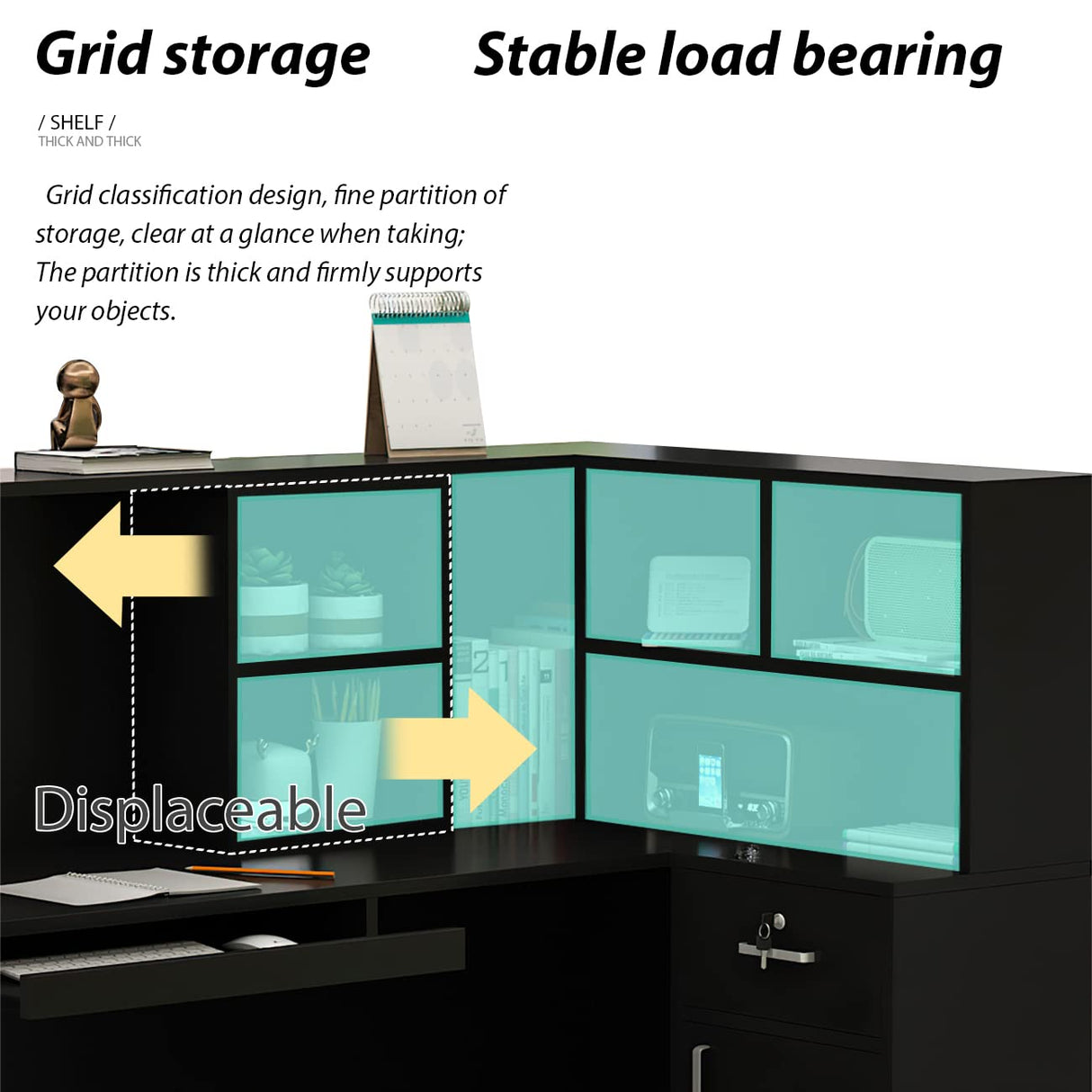 AGOTENI Reception Desk Reception Stations with Open Shelf & Drawers, L Shape Reception Table Wooden Computer Desk for Office Reception Room, Black AGOTENI