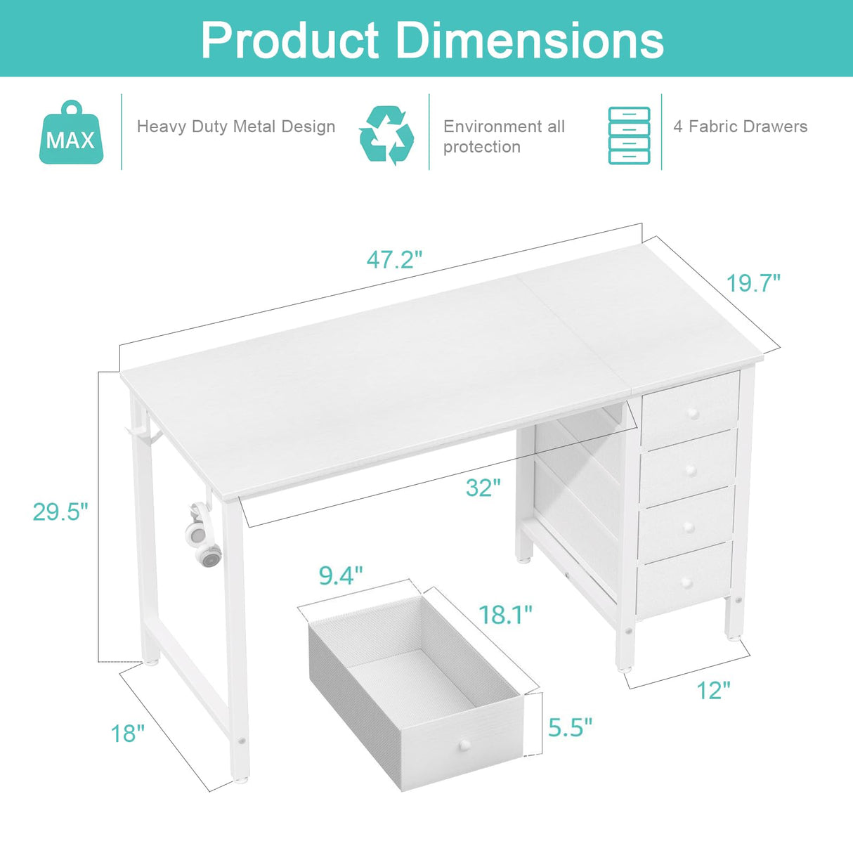 Lufeiya White Computer Desk with Fabric Drawers, 47 Inch Study Work Writing Desk for Home Office Bedroom, Simple Modern Cute PC Desks with Drawer, White Lufeiya