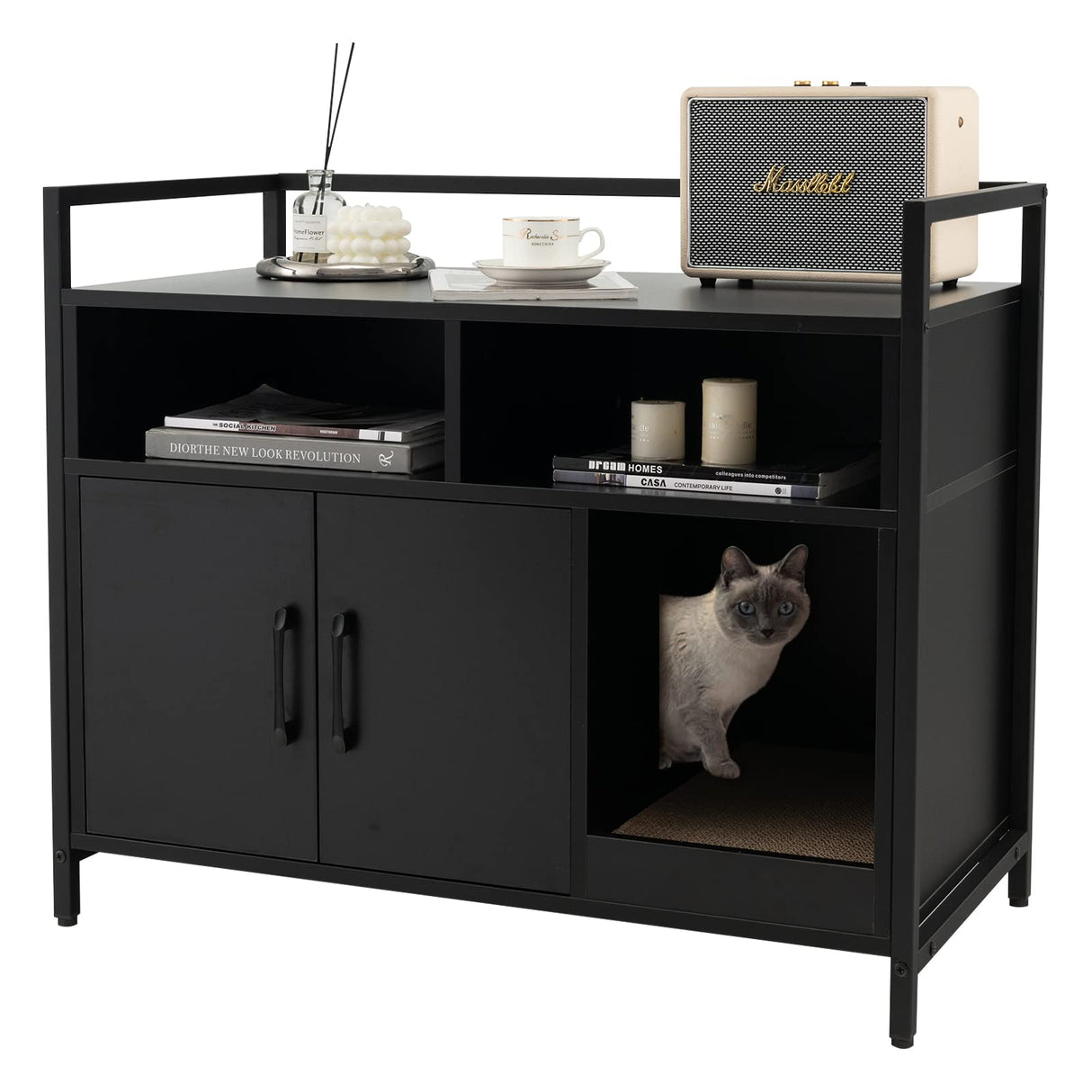 Giantex Cat Litter Box Enclosure - Cat Washroom Hidden Furniture with Front Entry, Cat Scratcher, 2-Door Storage Cabinet, 2 Compartments, Air Vents, Metal Frame, Wooden Pet Crate House (Black) Giantex