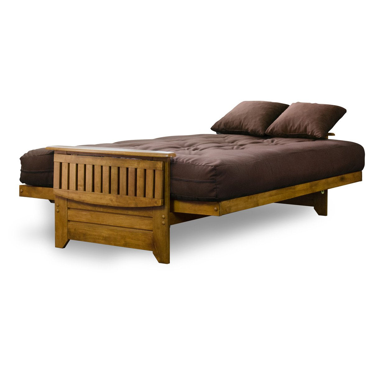 Nirvana Futons Brentwood Tray Arm Futon Sofabed Set - Queen Frame, 8" Microfiber Fudge Mattress, Heritage Finish Nirvana Futons