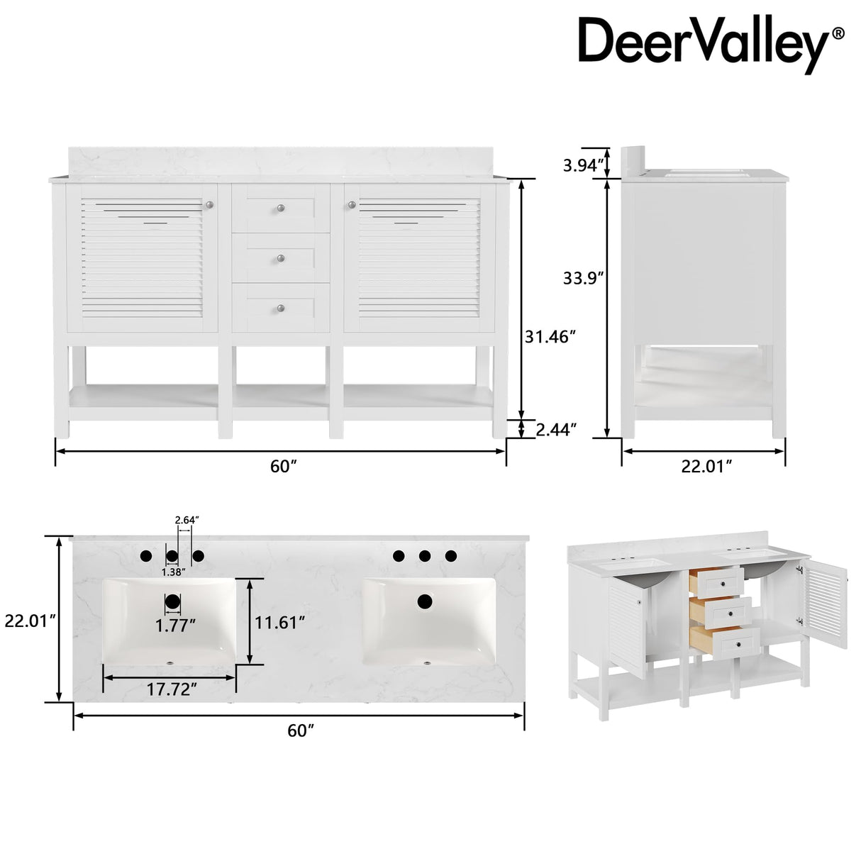 Deer Valley DV-1BV0157W 60'' Bathroom Vanity with Double Sink Top, Pre-Assembled Modern Wood Bathroom Cabinet Sink Combo with Backsplash Deer Valley