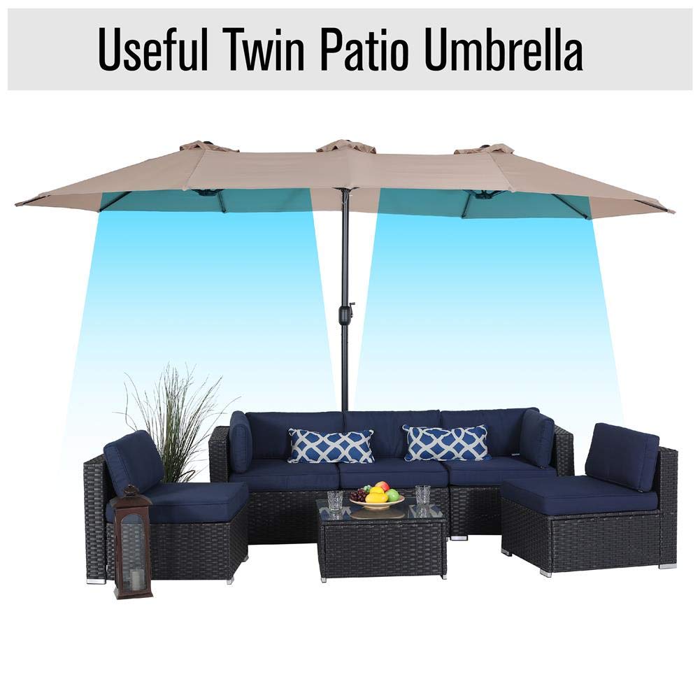 PHI VILLA 15ft Large Patio Umbrella Double-Sided Outdoor Market Pool Umbrellas with Crank, Umbrella Base (Stand) Included(Beige) PHI VILLA