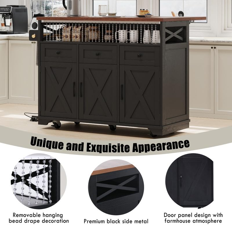 46.5'' Farmhouse Kitchen Island with Drape of Beads, Power Outlet, Rolling Kitchen Cart on Wheels with Drop Leaf, 3 Doors , 3 Drawers and Internal Iron Shelf, for Kitchen, Dining Room, Black HomeGearTech