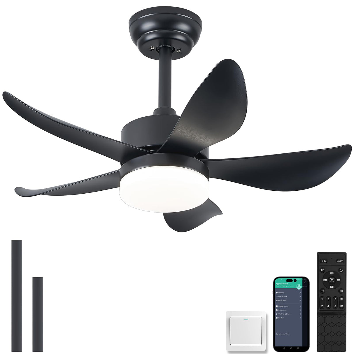 RHEAFON Ceiling Fans with Lights and Remote,30 Inch Smart Ceiling Fan,Reversible,Noiseless,Small Black Ceiling Fan for Bedroom Kitchen Indoor/Outdoor Patio RHEAFON