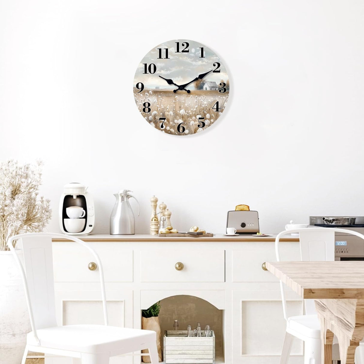 XFM Farmhouse Wall Clock Battery Operated 10 Inch Silent Non-Ticking Wooden Wall Clocks Country Flower Field Clock for Kitchen Living Room Bedroom Decor XFM