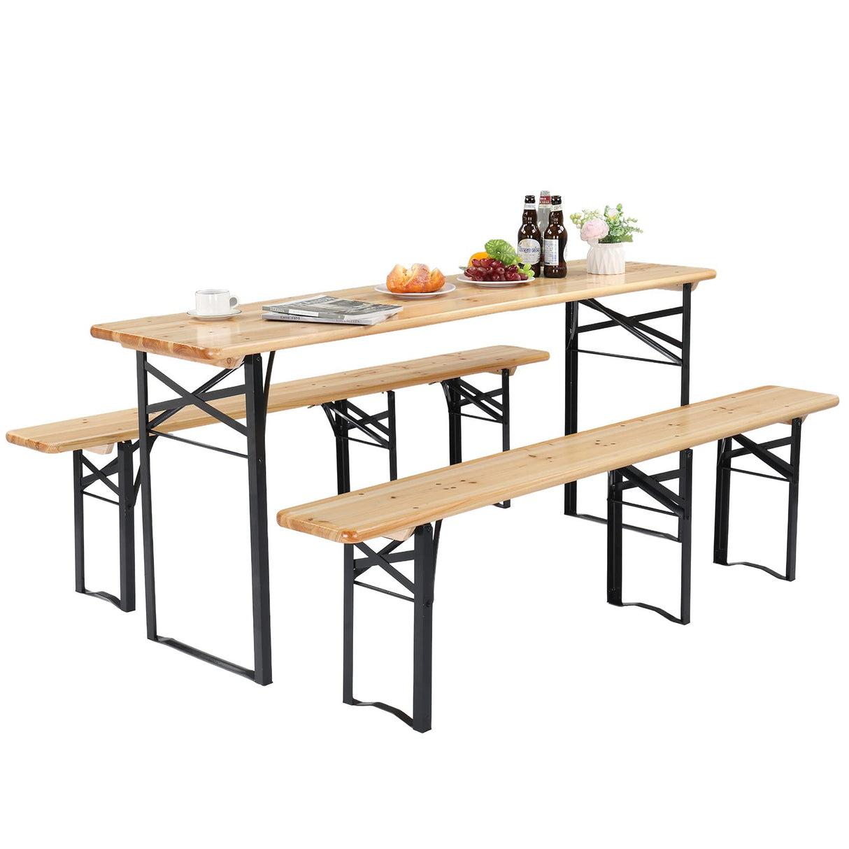 VINGLI Folding Picnic Tables with Benches Set, Weather-Resistant Wooden Beer Garden Table Bench, 3-Piece Portable Fold Up Camping BBQ Table w/Carrying Handles VINGLI