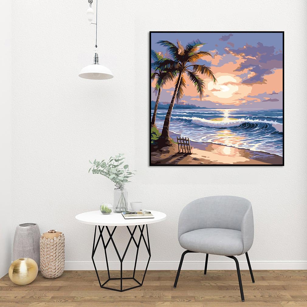 ARPADAMO Adults Beginners Paint by Number Kits,Coconut Tree Beach Sunset Scenic Painting by Number Kits On Canvas,Without Frame DIY Oil Painting Acrylic Paints, Home Wall Decor Gift 15.6×15.6in ARPADAMO