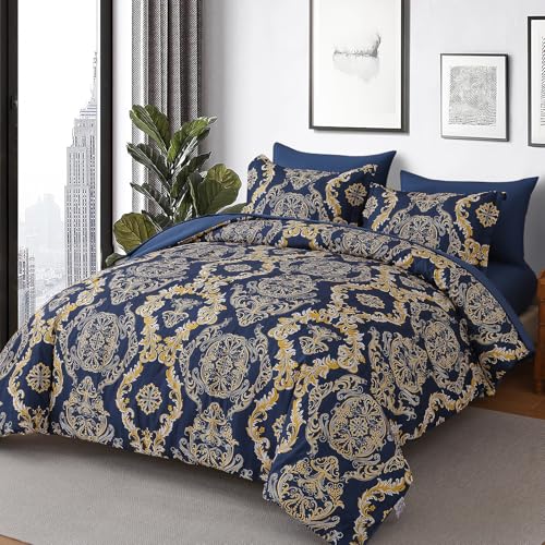 WONGS BEDDING Blue Gold Comforter Set King Size, Damask Texture 7 Pieces Bed in a Bag Microfiber Comforter Bedding Sets -1 Comforter, 1 Flat Sheet, 1 Fitted Sheet, 2 Pillow Shams, 2 Pillowcases WONGS BEDDING