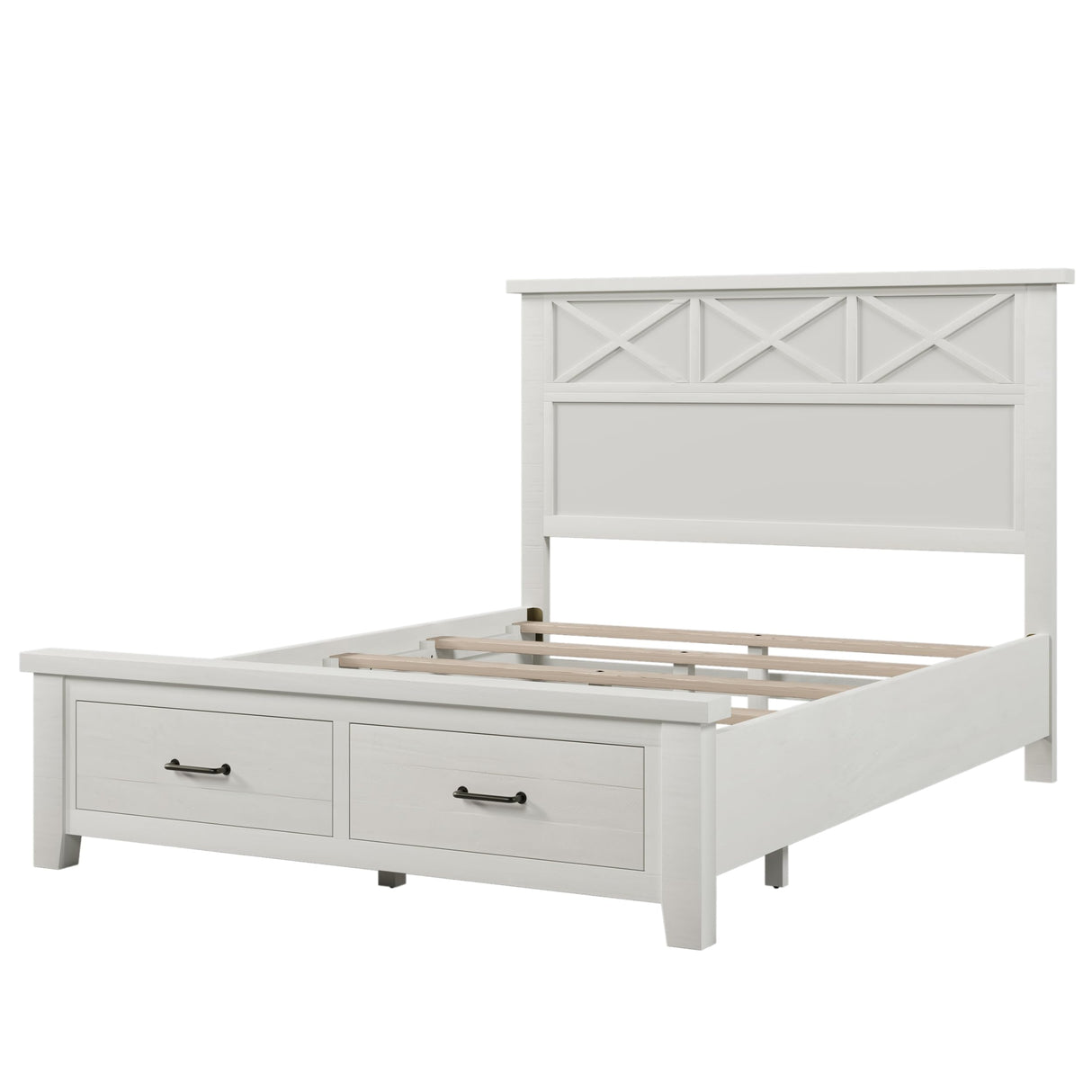 XD Designs Rustic Farmhouse 3 Pieces Bedroom Sets, Wood Queen Size Platform Bed with 2 Nightstands and Footboard Drawer Storage, Sturdy Slats Support (Whitewash-3ps) XD Designs