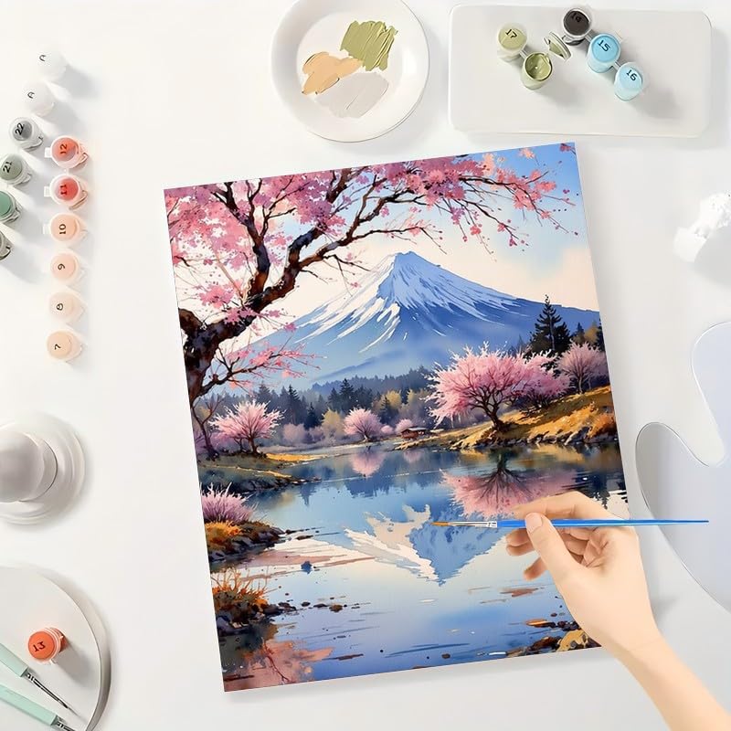 Landscape Paint by Numbers Kit for Adults - DIY Mount Fuji and Cherry Blossoms Lake Painting on Canvas 16x20 Inches, Acrylic Paint Set, Suitable for Beginners, Art for Home Decoration or Gifts DecorFriday