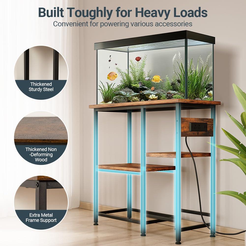 20-29-37 Gallon Fish Tank Stand with Power Outlet, Metal Aquarium Stand with Height-Adjustable Stoarge Shelves, 6-Leg Reptile Tank Stand, 400lbs Capacity PawGiant