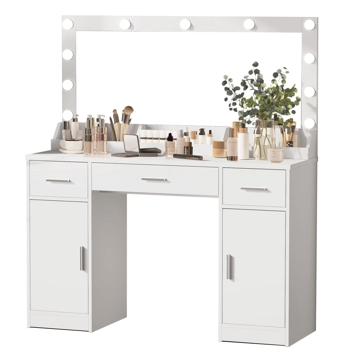 MIRROTOWEL 47.5” Vanity Desk with Large Mirror, 3 Colour Lighting Modes, Adjustable Brightness, Dresser with 3 Drawers & 2 Vertical Cabinets, Makeup Vanity Table for Women Girls White MIRROTOWEL