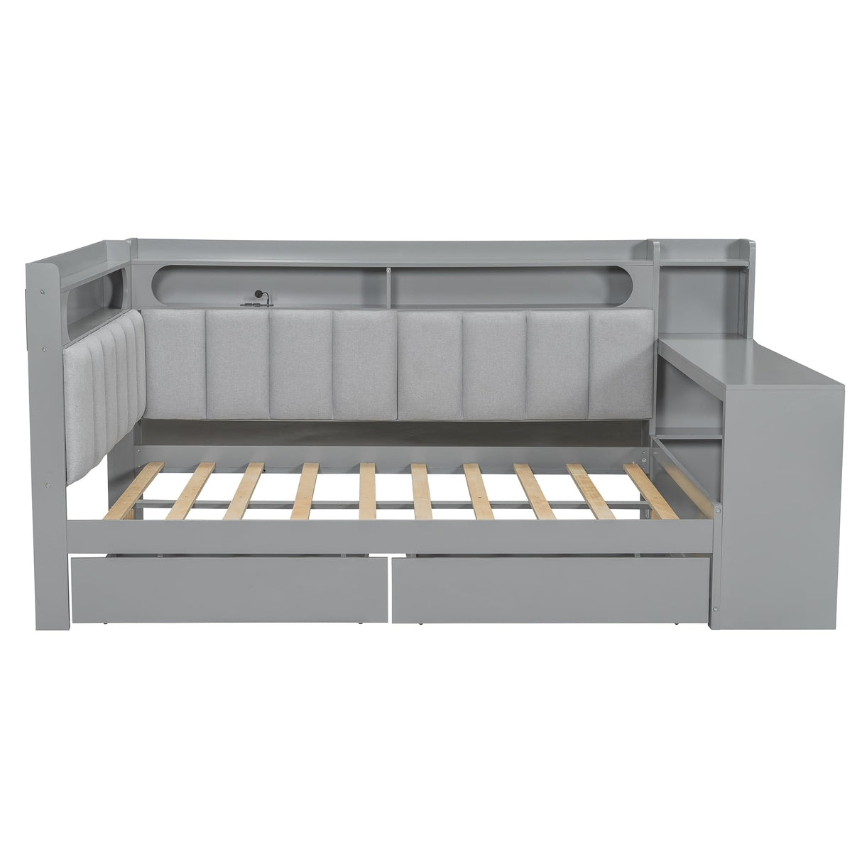 MaiDeHaoo Full Size Daybed with Storage Shelves and Upholstered Headboard, Corner Bed Frame with L-Shaped Bookcase, Drawers and Charging Station, Captains Bedframe with LED Light and Backrest, Grey MaiDeHaoo