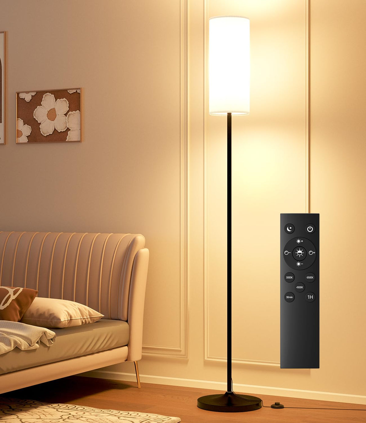 luckystyle LED Floor Lamp for Living Room, Dimmable Standing Lamps with Foot Switch,Remote Custom Color Temperature Black Pole Lamp with Lampshade,12W Led Bulb Tall Lamps for Bedroom Office Kid Room luckystyle