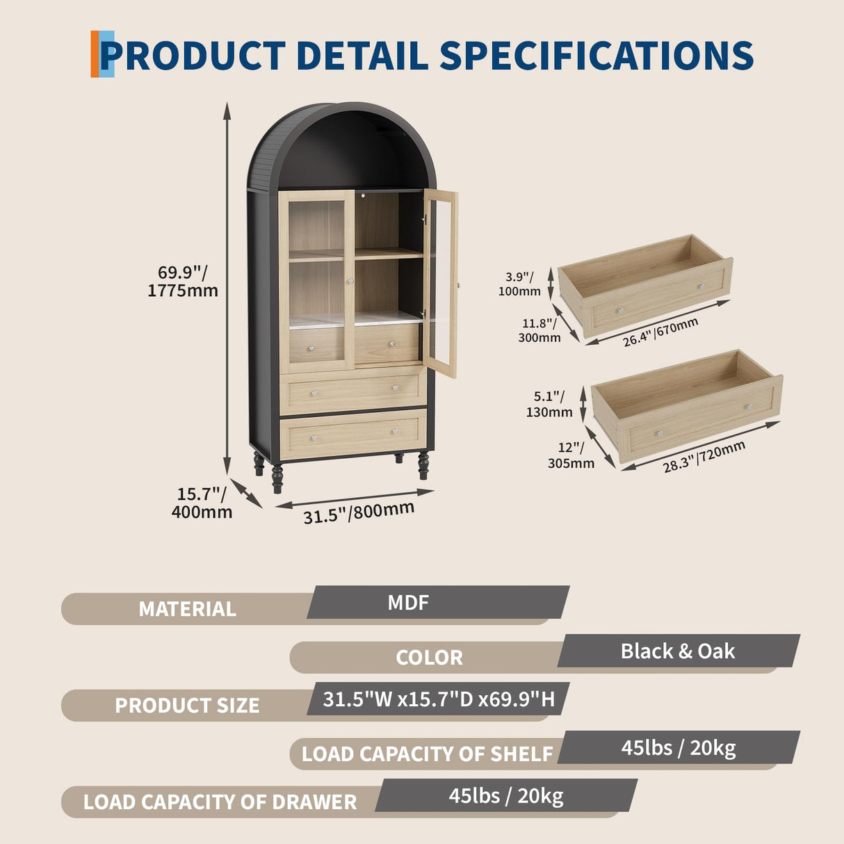 70 in Tall Arched Storage Display Cabinet, Kitchen Pantry Cabinet with LED Lights, Adjustable Shelf, 3 Drawers and Tempered Glass Doors, Boho Arch Bookshelf for Kitchen Dining Living Room- Black & Oak Garvee