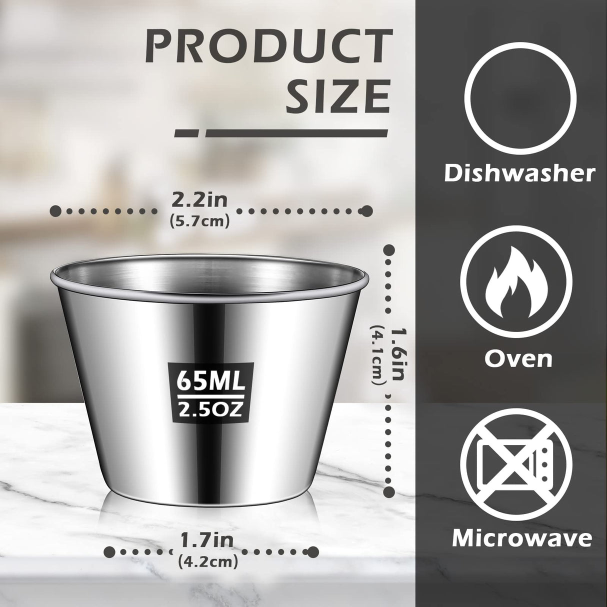 100 Pcs 2.5oz Stainless Steel Sauce Cups Dipping Cups Mental Condiment Cups Sauce Container Round Dipping Bowls Condiment Ramekins for Dish Butter Kitchen Restaurant Serving Party Dinner Cooking Mimorou