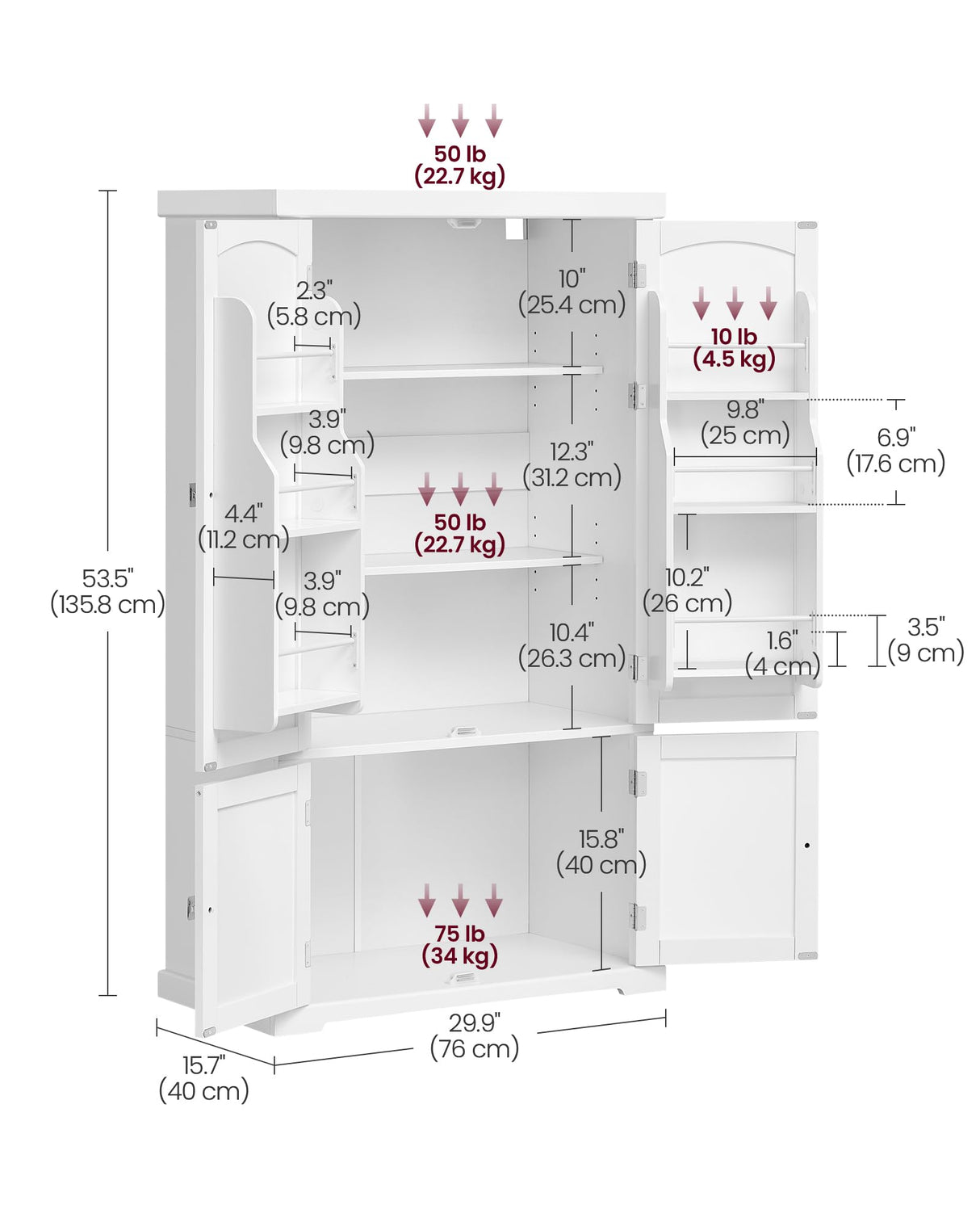 VASAGLE 53.5" Pantry Cabinet, Freestanding Kitchen Pantry Cabinet, Storage Cabinet with Doors, 6 Door Shelves, 2 Adjustable Shelves, for Living Room, VASAGLE