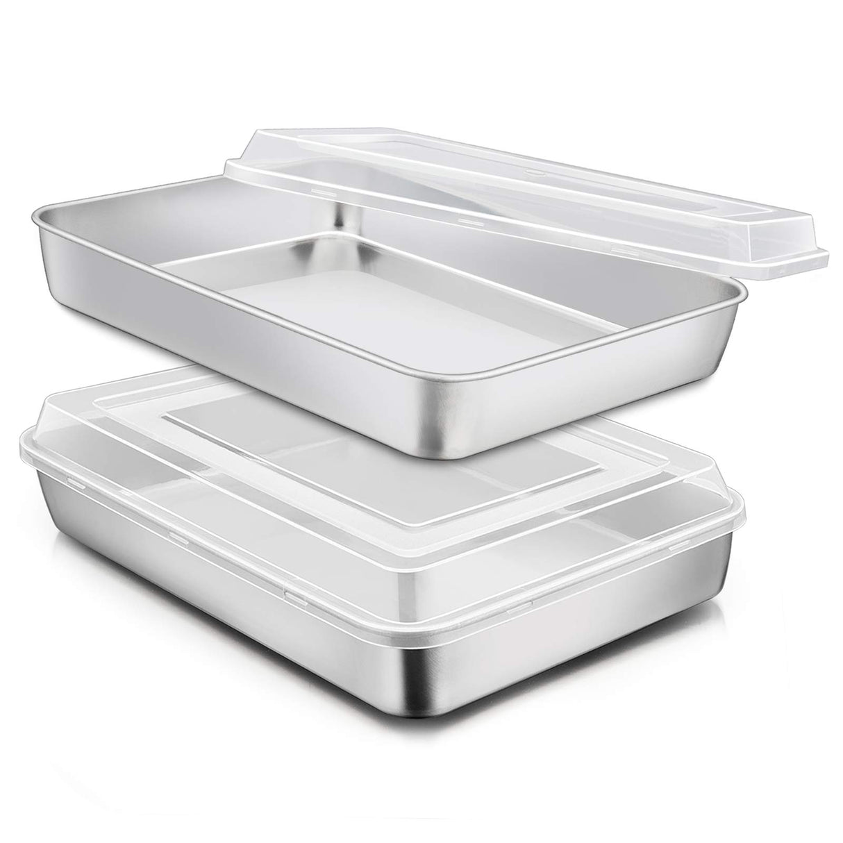 E-far Stainless Steel Baking Pan with Lid, 12⅓ x 9¾ x 2 Inch Rectangle Sheet Cake Pans with Covers Bakeware for Cakes Brownies Casseroles, Non-toxic & Healthy, Heavy Duty & Dishwasher Safe - Set of 2 E-far