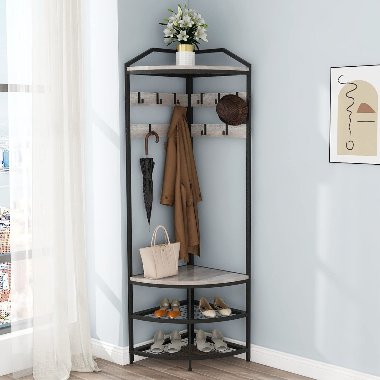 GiftGo Grey Corner Hall Tree with Shoe Bench Entryway Coat Rack with 10 Metal Movable Hooks Rustic Farmhouse Floorstanding Clothes Rack Shoes Shelf Organizer for Home Office Bedroom (Greige) GiftGo