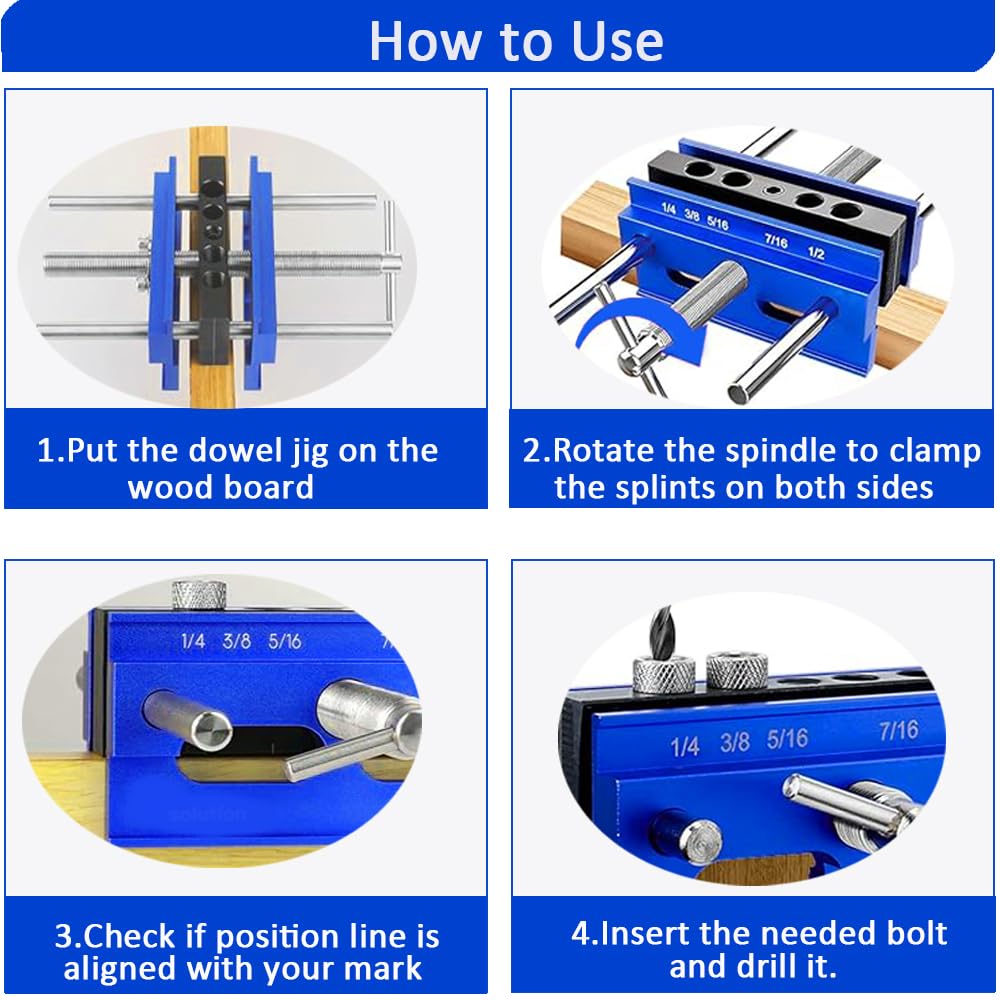 CIFUPUQU Self Centering Dowel Jig Kit,Adjustable Width Dowel Jig for Straight Holes with Elongated Jaws and Extra Wide Clamp,Biscuit Joiner Set with 6 Drill Guide Bushings CIFUPUQU
