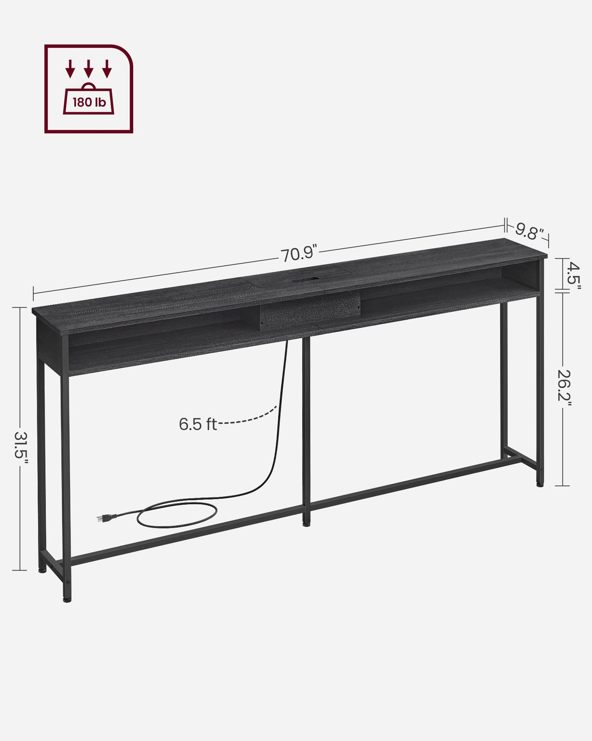 VASAGLE 70.9-Inch Console Table with Outlet and Shelves, Sofa Table with Charging Station, Behind Couch Table Skinny, Entryway Table for Hallway, Living Room, Charcoal Gray and Ink Black ULNT118B22 VASAGLE