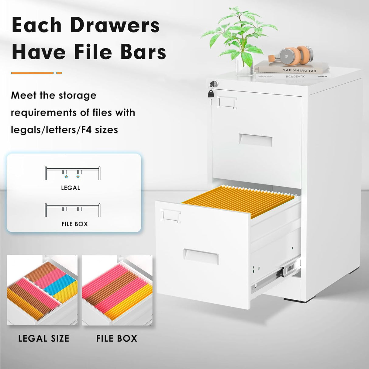 INTERGREAT 2 Drawer File Cabinet, White Metal Filing Cabinet with Lock, Lockable Narrow Storage Cabinet with 4 Adjustable Hanging Rods for Home Office INTERGREAT