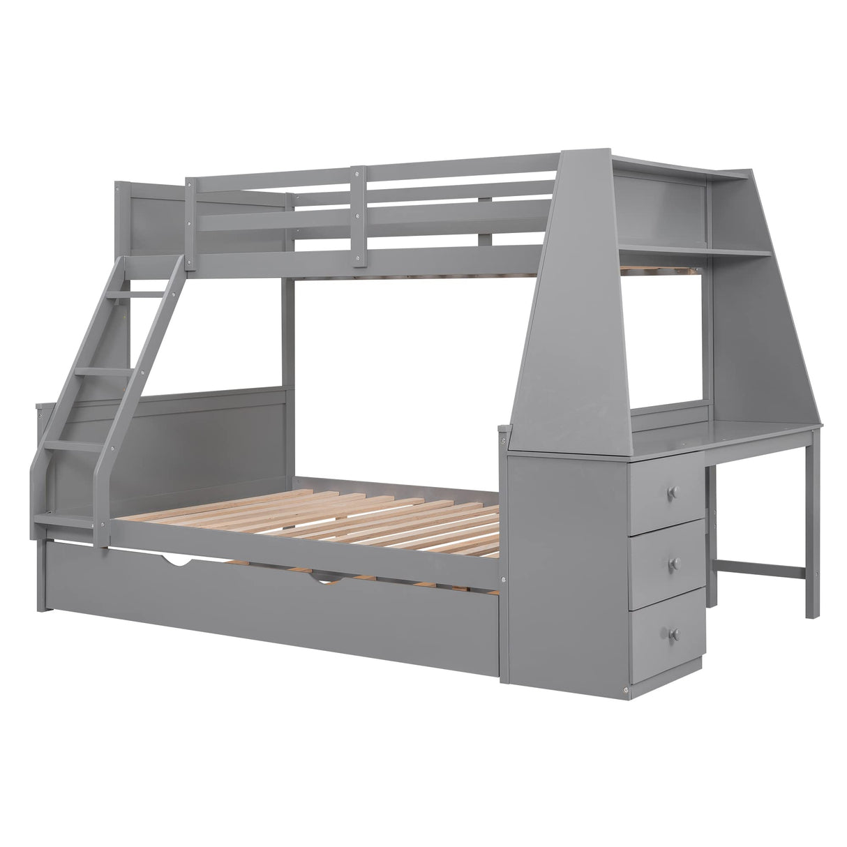 Twin Over Full Bunk Bed with Desk, Trundle, and Storage Drawers in Gray Bellemave