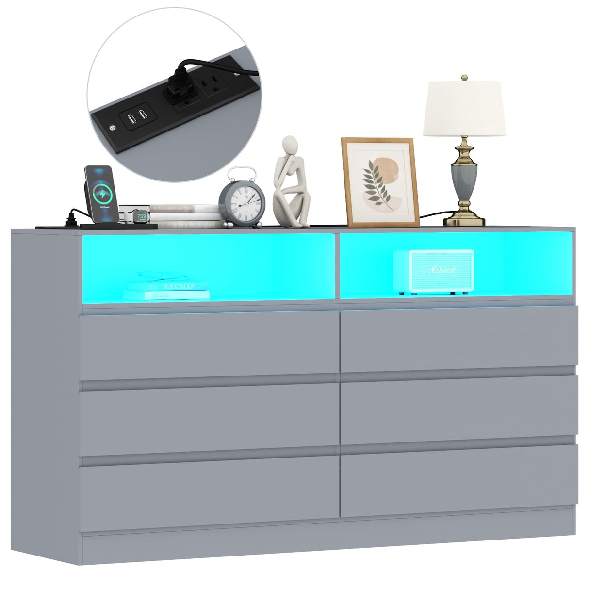 Gyfimoie 6 Drawers Dresser with Power Outlet, Accent Chests of Drawers with LED Light, Modern Storage Dresser for Bedroom, Living Room Gyfimoie