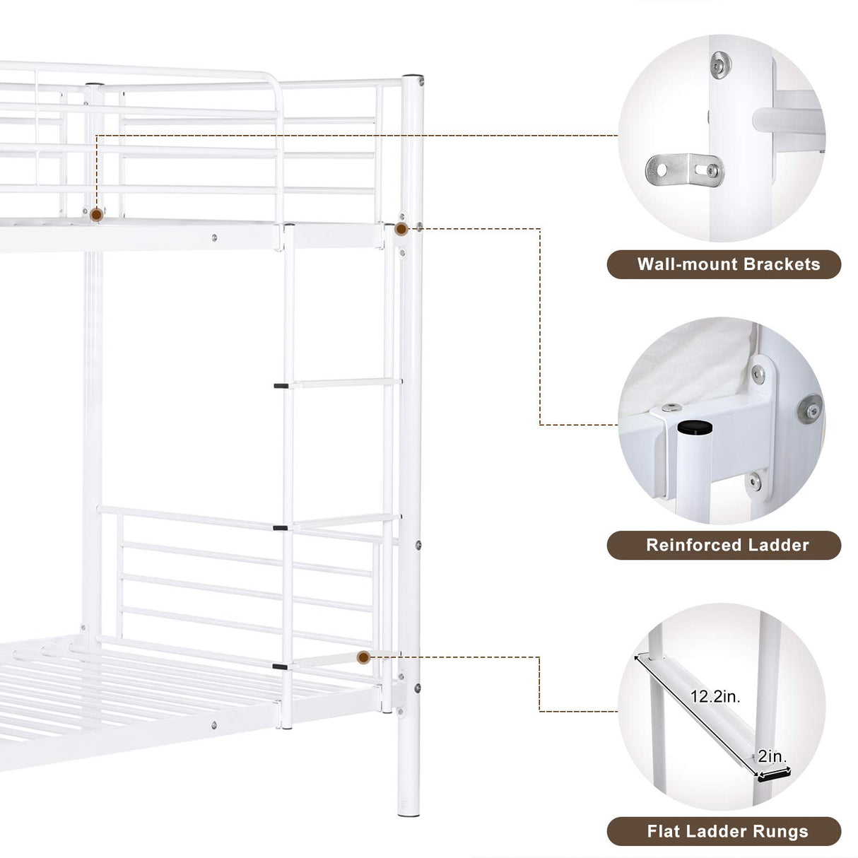 Bonnlo Bunk Bed Twin Over Twin, Metal Bunk Beds White for Girls/Boys/Adults, Anti-Slip Flat Step, No Box Spring Needed Bonnlo