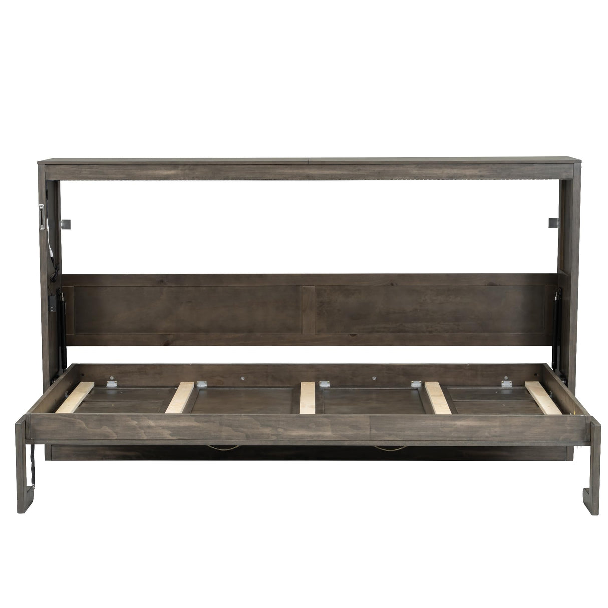 SOFTSEA Twin Size Horizontal Murphy Bed with LED Light, Farmhouse Murphy Bed Cabinet, Hideaway Foldable Wall Bed Space-Saving for Guest Room Bedroom Office, Brown SOFTSEA