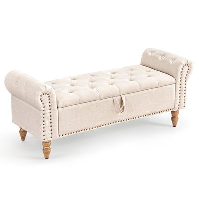 Furniliving 51” Storage Bench, End of Bed Bench with Button-Tufted Large Upholstered Storage Ottoman Linen Window Bench with Storage Shoe Cabinet Bench, for Bedroom, Entryway, Closet, Beige