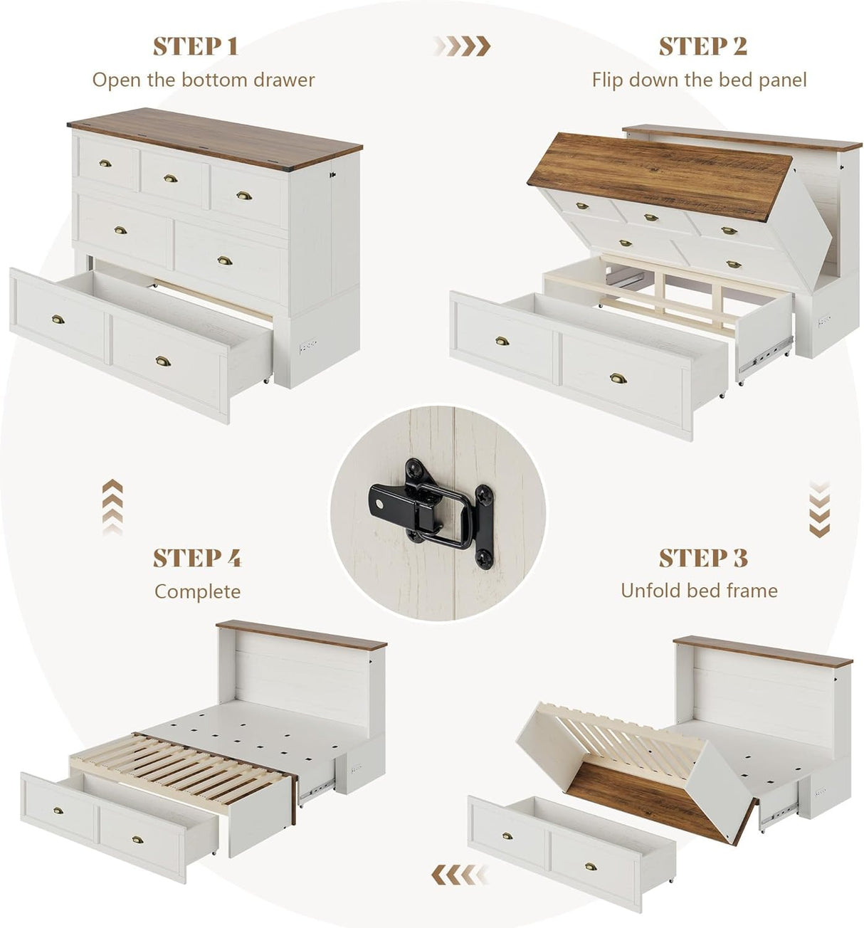 AMERLIFE Full Size Murphy Bed, Farmhouse Wooden Cabinet with Charging Station and Storage Drawer for Bedroom/Office/Guest Room, White+Barnwood AMERLIFE