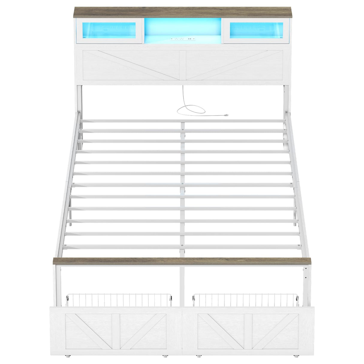 Yoobure Full Size Bed Frame with Headboard, Full Bed Frame with Charging Station, LED Beds with 2 Storage Drawers, Wood Farmhouse Bedframe, Noise-Free and No Box Spring Needed, White Yoobure