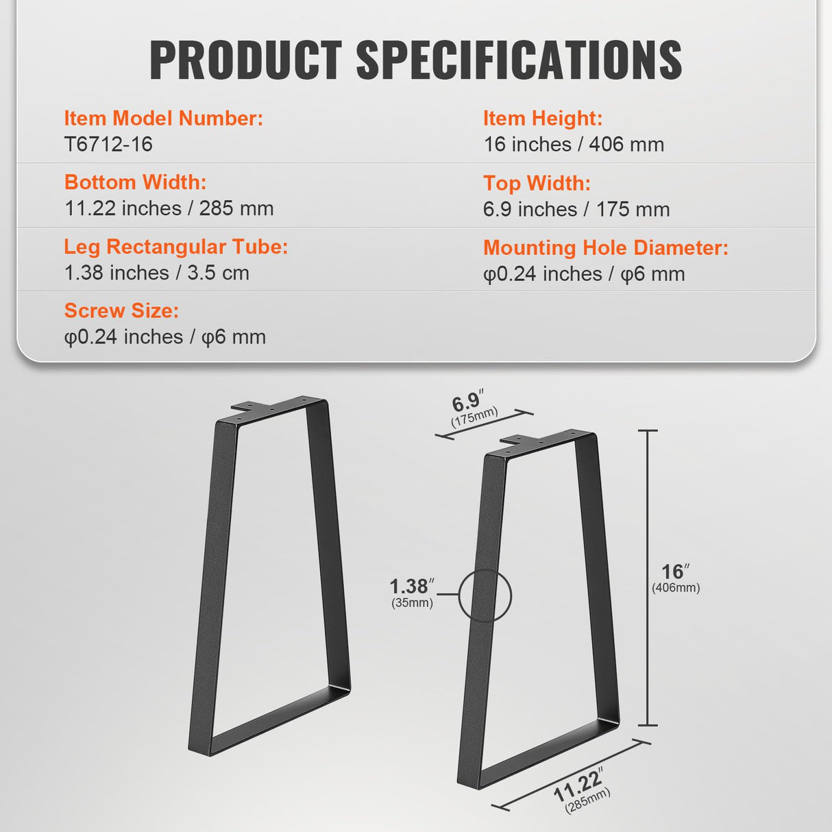 VEVOR 16 inch Trapezoid Steel Table Legs, Replacement Furniture Legs Set of 2 for DIY Coffee Tables, Modern Desks, Bench, Night Stands, Sofa, Max Load 400 lbs Heavy Duty, Quick Instalation Legs Black VEVOR