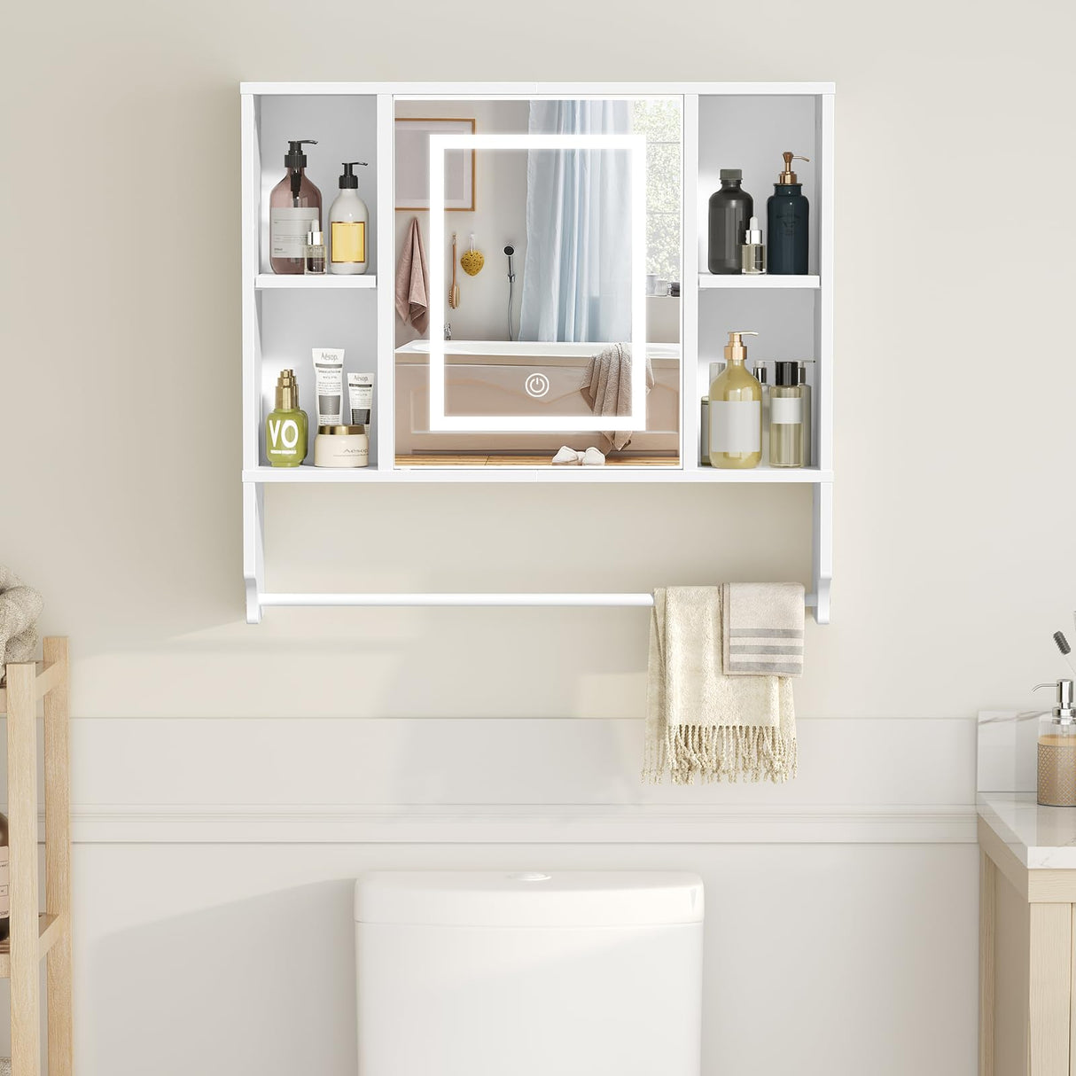 MAHANCRIS Bathroom Wall Cabinet with Mirror, Wall Mounted Medicine Cabinet with Color Adjustment LED Lights, Mirrored Over The Toilet Storage Cabinet with Adjustable Shelves, 23.6''W x 21.6''H, White MAHANCRIS