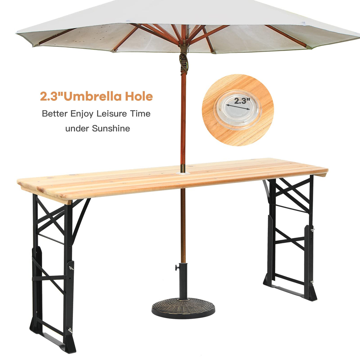 Goplus Folding Picnic Beer Table, Outdoor Camping Table with Umbrella Hole, Adjustable Heights and Wood Top, Portable Picnic Table for Patio Garden Party Backyard, No Assembly Goplus