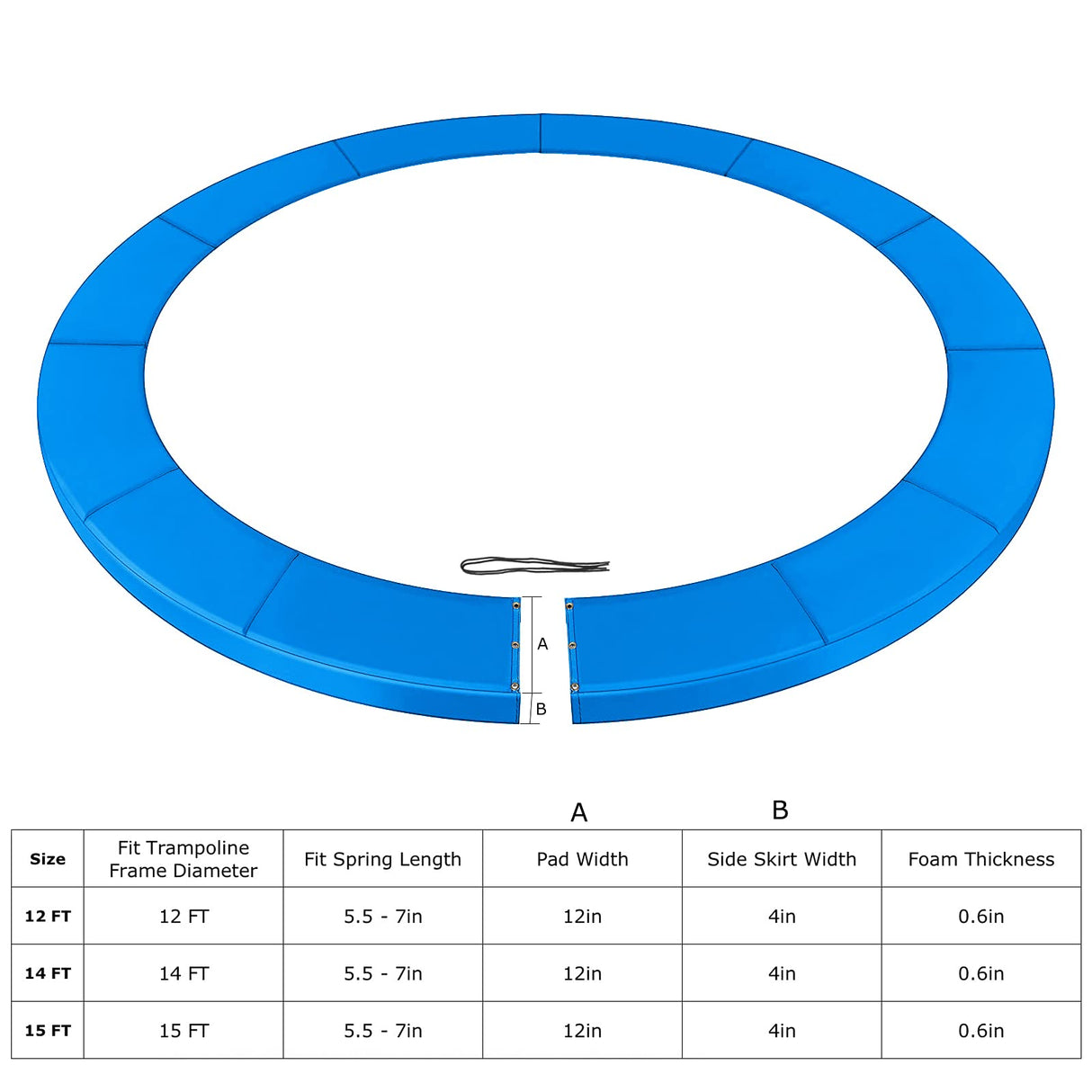 12FT Trampoline Safety Pad Trampoline Replacement Pad Safety Spring Cover, No Hole for Poles, Fit 5.5-7 inch Springs (Pads Only) Zoomster