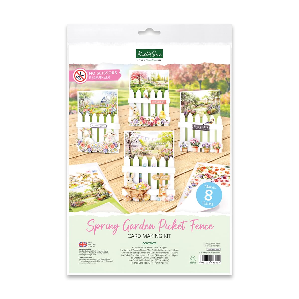 Katy Sue Spring Garden Picket Fence Card Making Kit. Contains 8 Shaped Cards, 3 Sheets of Die Cut Decoupage, Adhesive Foam Pads, Background Scenes, Instructions & 8 Envelopes for Card Making Supplies Katy Sue