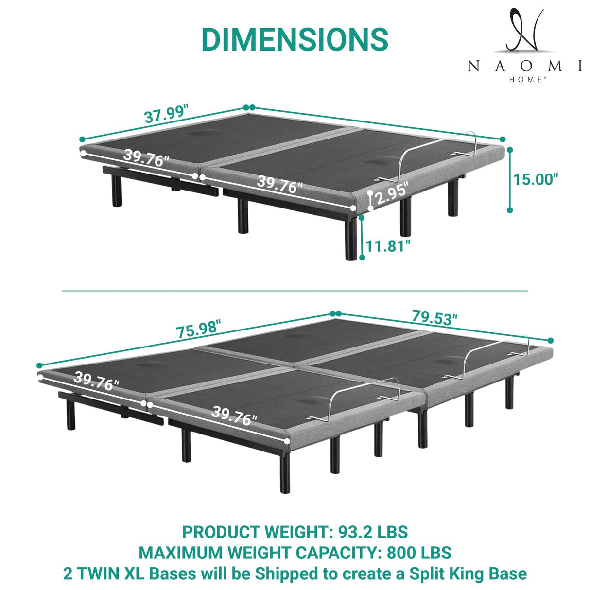 Naomi Home Idealbase Split King Adjustable Bed Base with Massage, USB Ports, Under-Bed Light, Wireless Remote, 800 Lb Capacity, Gray Metal Frame, Easy Setup for Couples’ Personalized Comfort Naomi Home