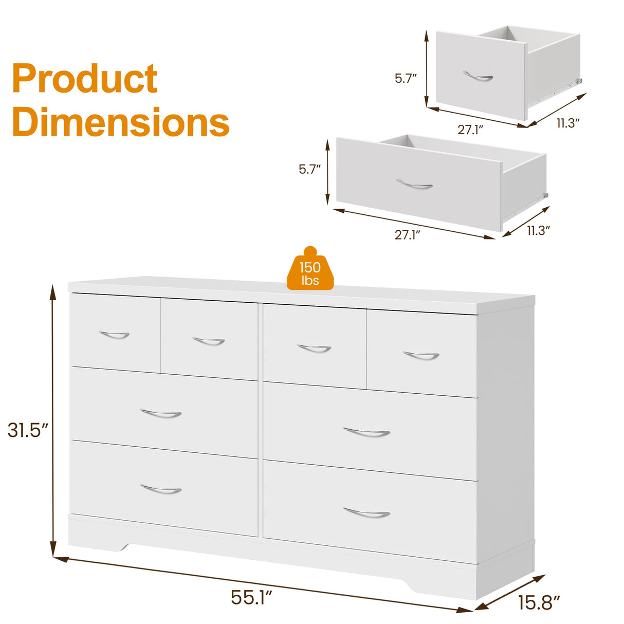 FansaFurn 8 Drawer Dresser, 55" Wide Chest of Drawers with Large Metal Handle, Modern Wood Drawer Organizer for Bedroom, Living Room, Hallway, Closet, White FansaFurn