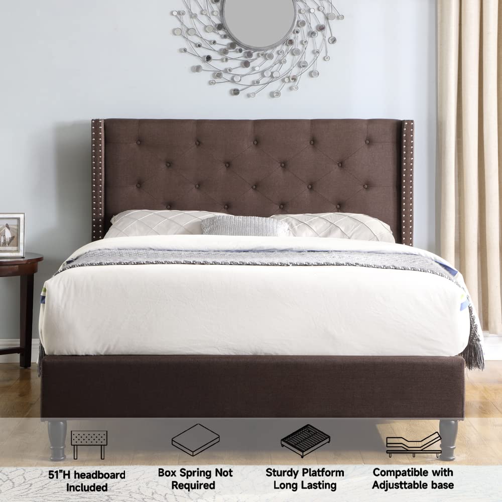 Full Upholstered Platform Bed Frame with 51" Tall Headboard - Button Tufted Cloth Bed - Wood Slat Support with Storage Space - No Box Spring Needed - Easy Assembly - Brown - Oliver & Smith - Astor OLIVER & SMITH SINCE 1921